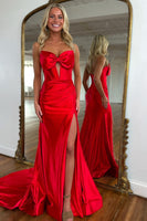Load image into Gallery viewer, Red Satin Long Corset Formal Dress with Slit