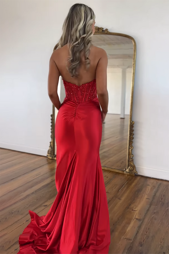 Red Satin Corset Long Formal Dress with Appliques