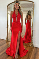 Load image into Gallery viewer, Red Satin Corset Long Formal Dress with Appliques