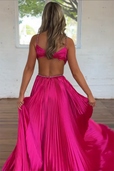 Fuchsia Satin Pleated A-Line Long Formal Dress with Slit