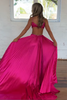 Load image into Gallery viewer, Fuchsia Satin Pleated A-Line Long Formal Dress with Slit