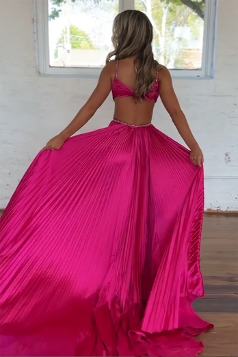 Fuchsia Satin Pleated A-Line Long Formal Dress with Slit