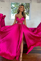 Load image into Gallery viewer, Fuchsia Satin Pleated A-Line Long Formal Dress with Slit