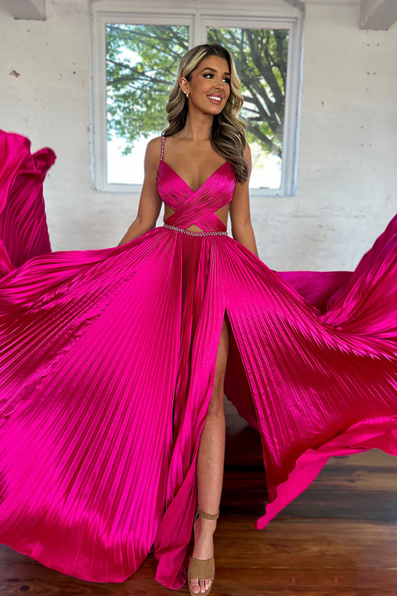 Load image into Gallery viewer, Fuchsia Satin Pleated A-Line Long Formal Dress with Slit