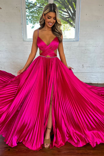 Fuchsia Satin Pleated A-Line Long Formal Dress with Slit