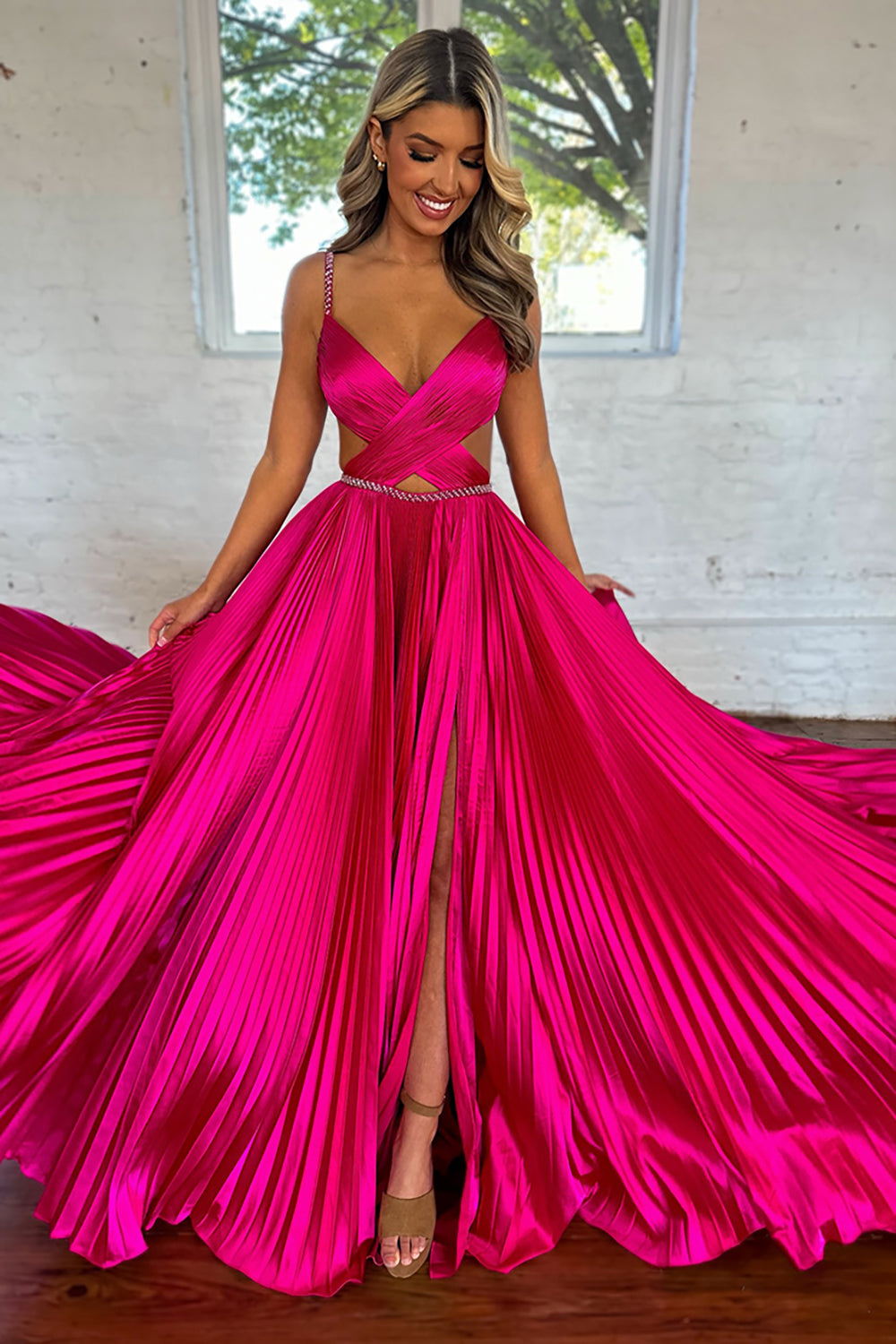 Fuchsia Satin Pleated A-Line Long Formal Dress with Slit