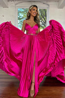 Load image into Gallery viewer, Fuchsia Satin Pleated A-Line Long Formal Dress with Slit
