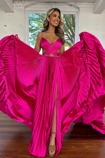 Fuchsia Satin Pleated A-Line Long Formal Dress with Slit