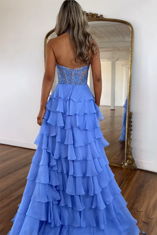 Sky Blue Chiffon Tiered Corset Formal Dress with Appliques