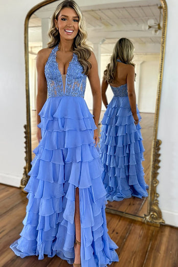 Sky Blue Chiffon Tiered Corset Formal Dress with Appliques