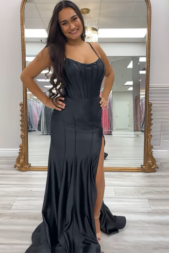 Royal Blue Spaghetti Straps Satin Long Corset Formal Dress with Slit