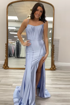 Royal Blue Spaghetti Straps Satin Long Corset Formal Dress with Slit
