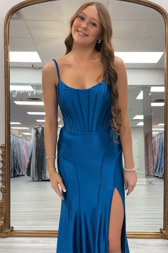 Royal Blue Spaghetti Straps Satin Long Corset Formal Dress with Slit