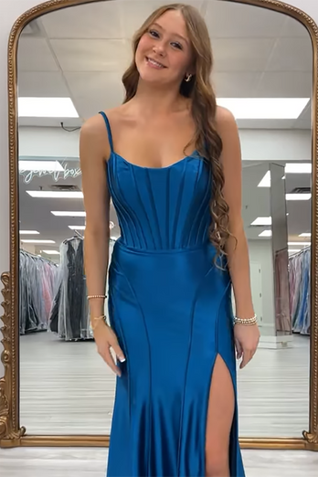 Royal Blue Spaghetti Straps Satin Long Corset Formal Dress with Slit