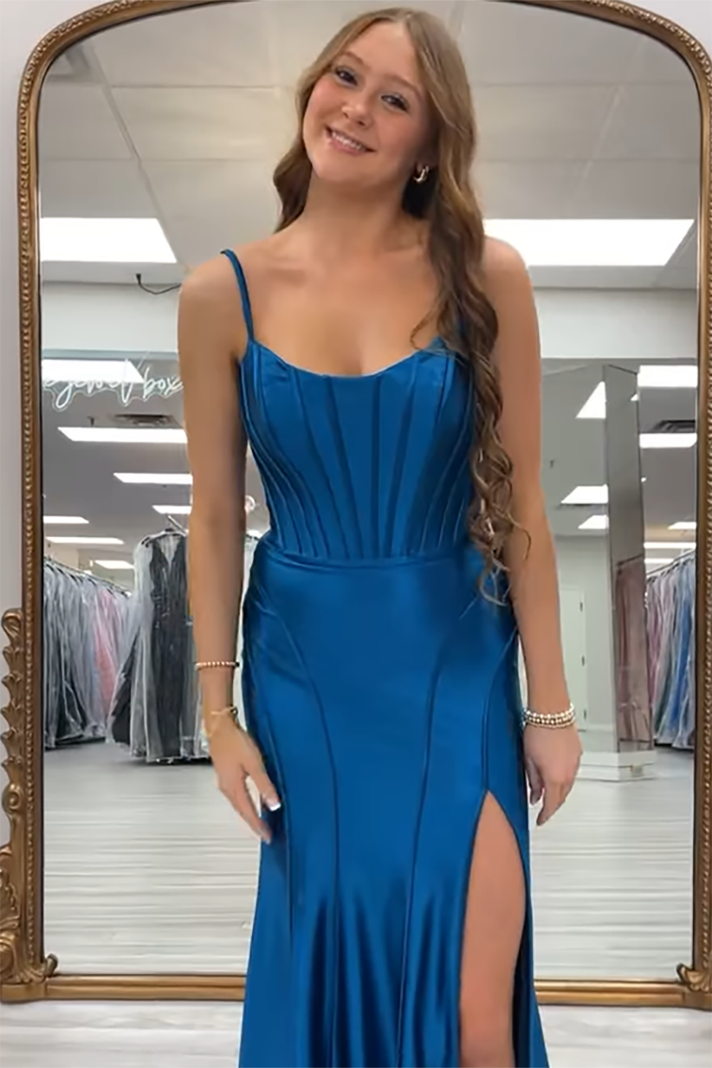 Royal Blue Spaghetti Straps Satin Long Corset Formal Dress with Slit