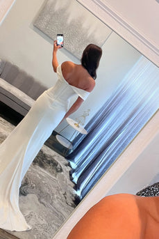 White Satin Mermaid Corset Formal Dress with Slit