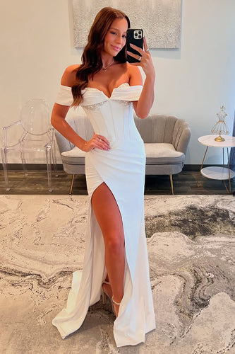 White Satin Mermaid Corset Formal Dress with Slit