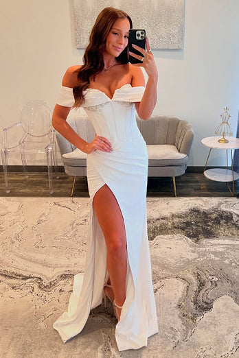 White Satin Mermaid Corset Formal Dress with Slit