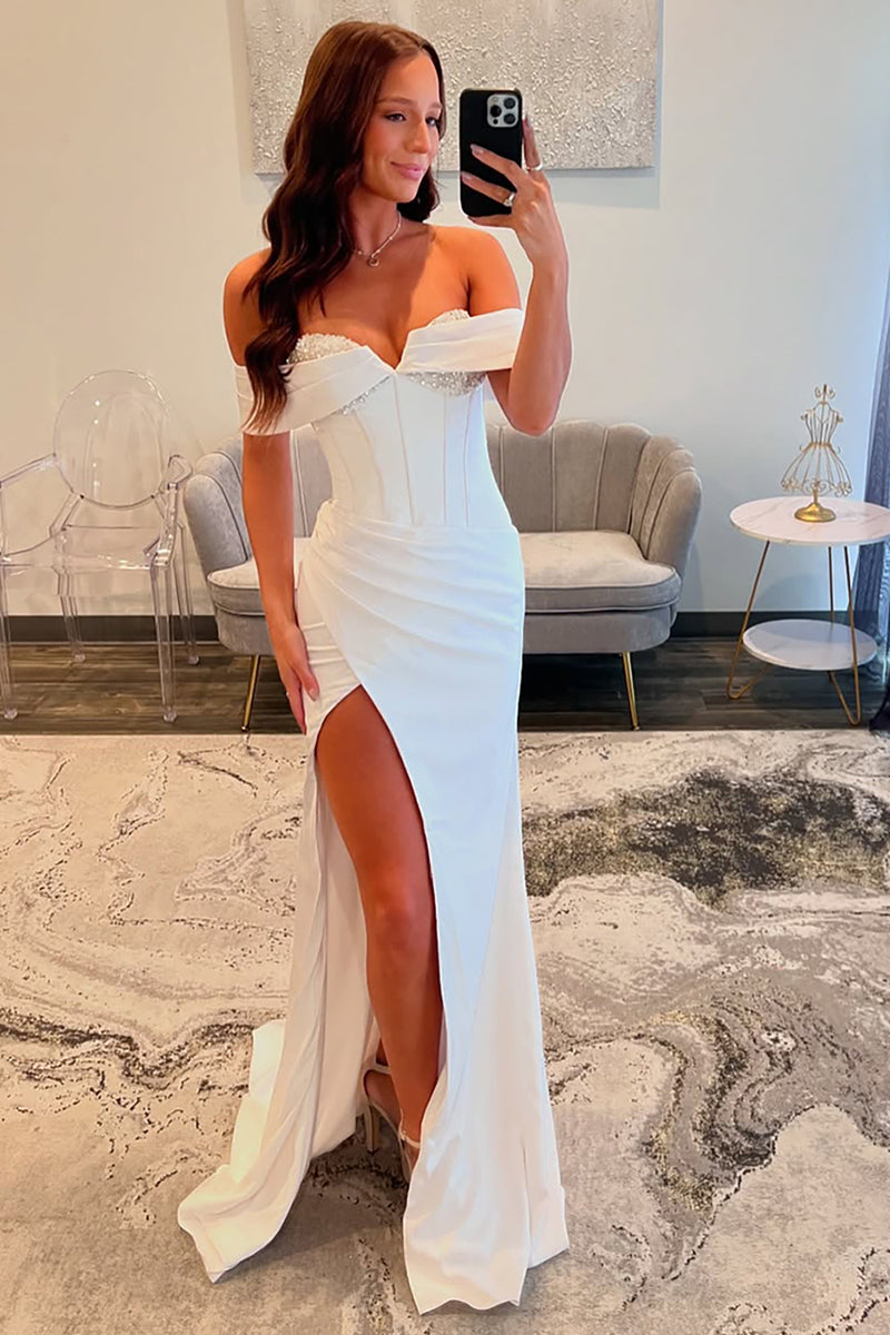 Load image into Gallery viewer, White Satin Mermaid Corset Formal Dress with Slit