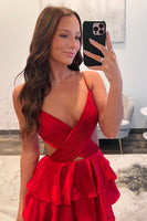 Load image into Gallery viewer, Red Satin Tiered A Line Formal Dress with Slit