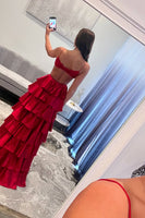 Load image into Gallery viewer, Red Satin Tiered A Line Formal Dress with Slit