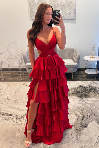 Red Satin Tiered A Line Formal Dress with Slit
