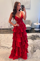 Load image into Gallery viewer, Red Satin Tiered A Line Formal Dress with Slit