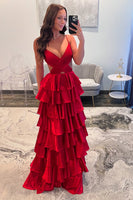 Load image into Gallery viewer, Red Satin Tiered A Line Formal Dress with Slit