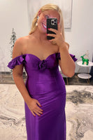 Load image into Gallery viewer, Purple Satin Long Sheath Formal Dress with Ruffles