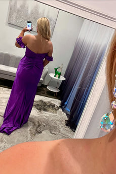 Purple Satin Long Sheath Formal Dress with Ruffles