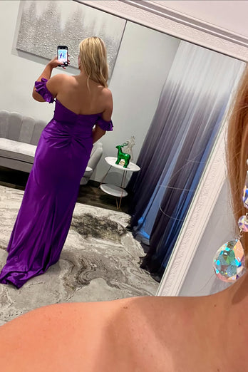 Purple Satin Long Sheath Formal Dress with Ruffles
