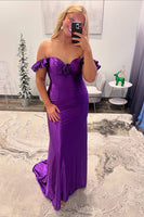 Load image into Gallery viewer, Purple Satin Long Sheath Formal Dress with Ruffles