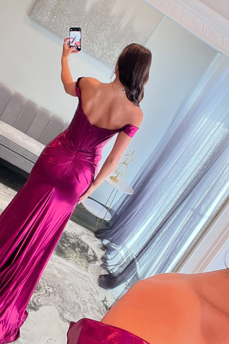 Load image into Gallery viewer, Hot Pink Metallic Mermaid Corset Formal Dress with Slit