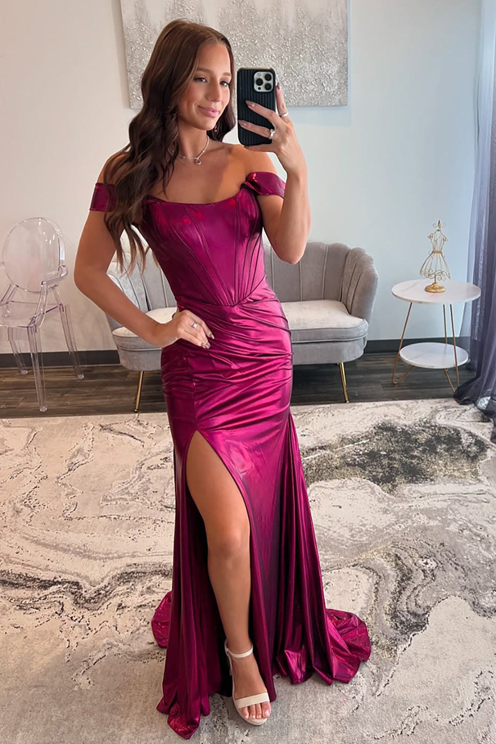 Hot Pink Metallic Mermaid Corset Formal Dress with Slit