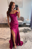 Load image into Gallery viewer, Hot Pink Metallic Mermaid Corset Formal Dress with Slit