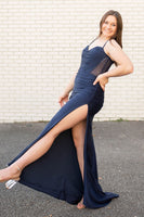 Load image into Gallery viewer, Navy Satin Corset Mermaid Formal Dress with Slit