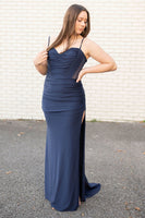 Load image into Gallery viewer, Navy Satin Corset Mermaid Formal Dress with Slit