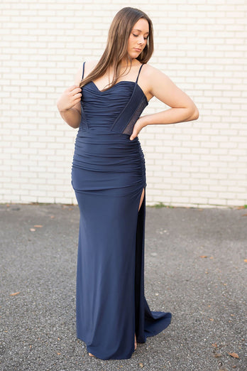 Navy Satin Corset Mermaid Formal Dress with Slit