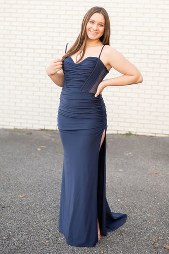 Navy Satin Corset Mermaid Formal Dress with Slit