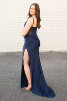 Load image into Gallery viewer, Navy Satin Corset Mermaid Formal Dress with Slit