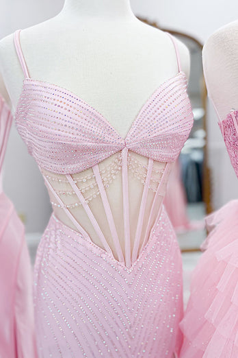 Sparkly Pink Beaded Satin Corset Formal Dress with Slit