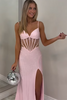 Load image into Gallery viewer, Sparkly Pink Beaded Satin Corset Formal Dress with Slit