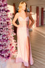 Load image into Gallery viewer, Sparkly Pink Beaded Satin Corset Formal Dress with Slit