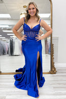 Load image into Gallery viewer, Royal Blue Satin Mermaid Corset Formal Dress with Beading