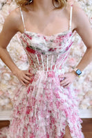 Load image into Gallery viewer, Pink Floral Tiered Corset Formal Dress with Slit