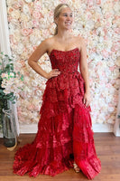 Load image into Gallery viewer, Red Sweetheart Tulle Tiered A-Line Formal Dress with Sequins