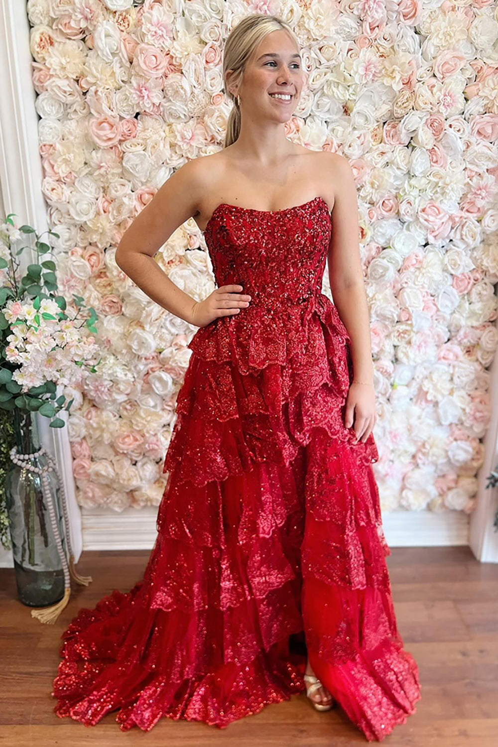 Red Sweetheart Tulle Tiered A-Line Formal Dress with Sequins