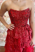 Load image into Gallery viewer, Red Sweetheart Tulle Tiered A-Line Formal Dress with Sequins