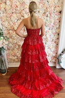 Load image into Gallery viewer, Red Sweetheart Tulle Tiered A-Line Formal Dress with Sequins