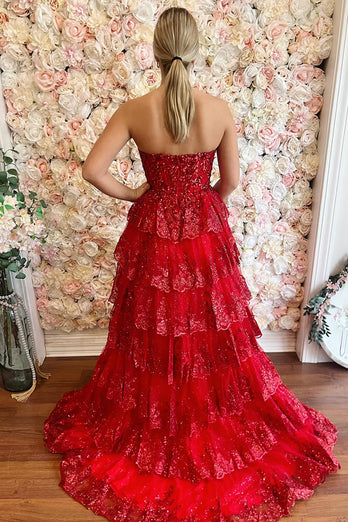 Red Sweetheart Tulle Tiered A-Line Formal Dress with Sequins